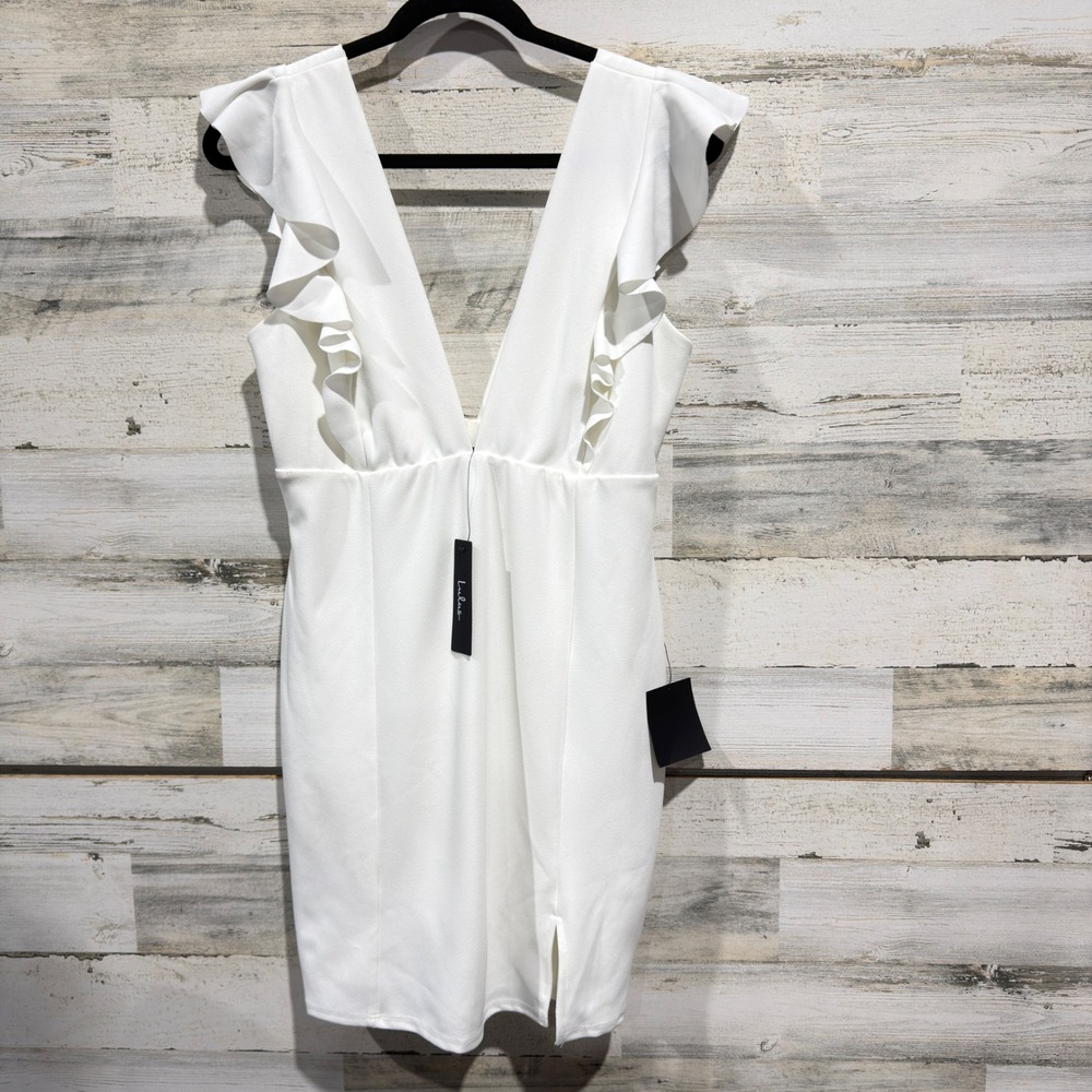 Lulus Mini Dress Women XL White Ruffle V Neck Cocktail Party Bridal NWT *Flawed